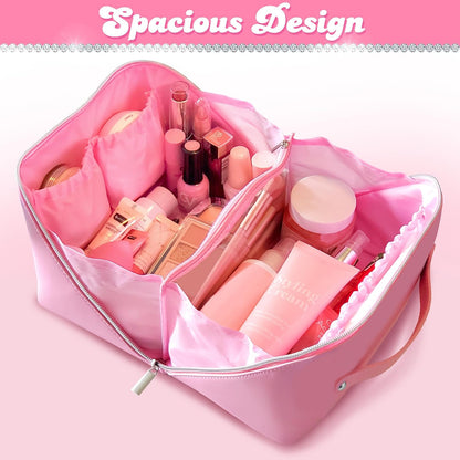 Pink Travel Makeup Bag Large Capacity Organizer Vegan Leather Toiletry Cosmetic Pouch - Cute Girly Girl Things Gift for Women Mom Best Friend Birthday Sister Stuff Make up Purse Accessories