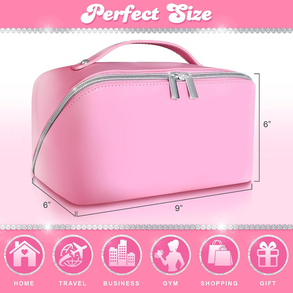 Pink Travel Makeup Bag Large Capacity Organizer Vegan Leather Toiletry Cosmetic Pouch - Cute Girly Girl Things Gift for Women Mom Best Friend Birthday Sister Stuff Make up Purse Accessories