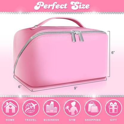 Pink Travel Makeup Bag Large Capacity Organizer Vegan Leather Toiletry Cosmetic Pouch - Cute Girly Girl Things Gift for Women Mom Best Friend Birthday Sister Stuff Make up Purse Accessories