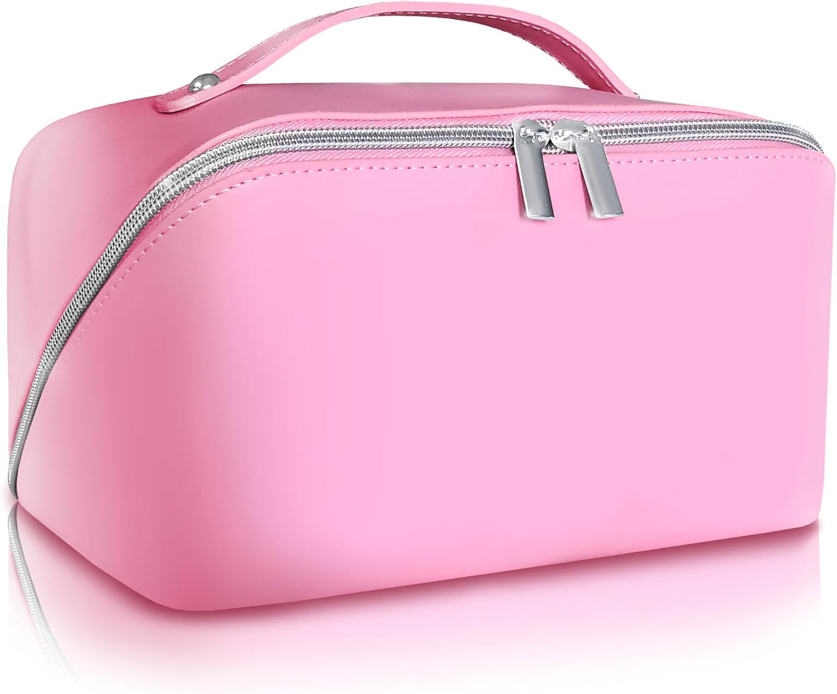 Pink Travel Makeup Bag Large Capacity Organizer Vegan Leather Toiletry Cosmetic Pouch - Cute Girly Girl Things Gift for Women Mom Best Friend Birthday Sister Stuff Make up Purse Accessories