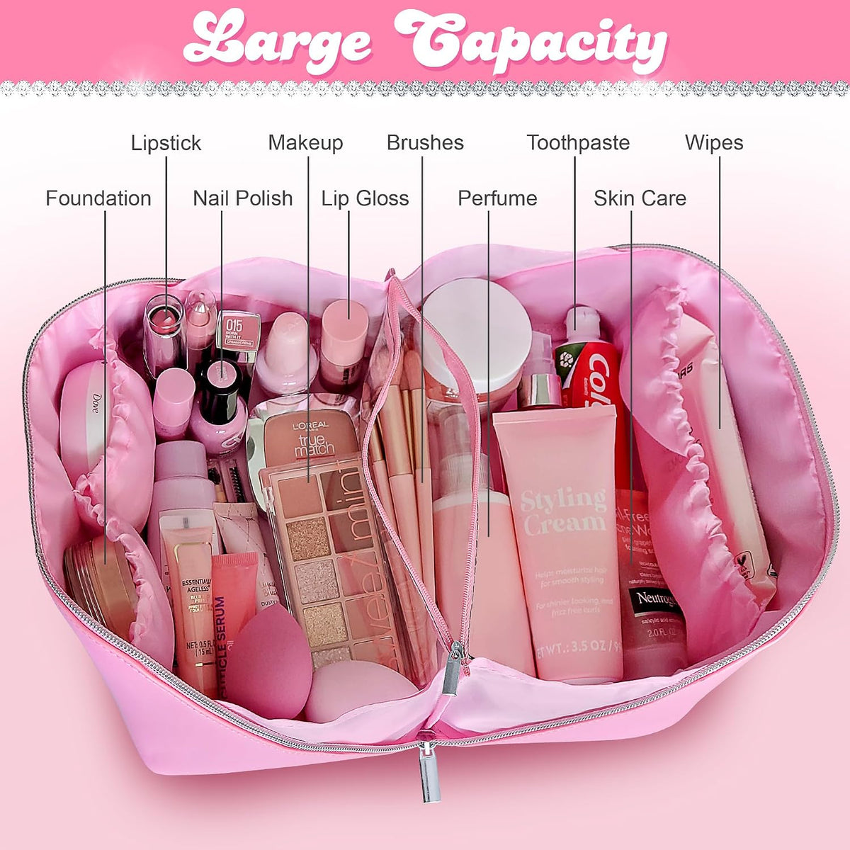 Pink Travel Makeup Bag Large Capacity Organizer Vegan Leather Toiletry Cosmetic Pouch - Cute Girly Girl Things Gift for Women Mom Best Friend Birthday Sister Stuff Make up Purse Accessories