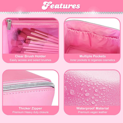 Pink Travel Makeup Bag Large Capacity Organizer Vegan Leather Toiletry Cosmetic Pouch - Cute Girly Girl Things Gift for Women Mom Best Friend Birthday Sister Stuff Make up Purse Accessories
