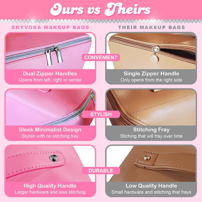 Pink Travel Makeup Bag Large Capacity Organizer Vegan Leather Toiletry Cosmetic Pouch - Cute Girly Girl Things Gift for Women Mom Best Friend Birthday Sister Stuff Make up Purse Accessories